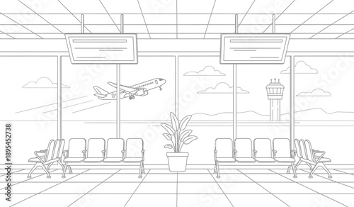 A black and white line drawing of an airport waiting area with chairs and a potted plant