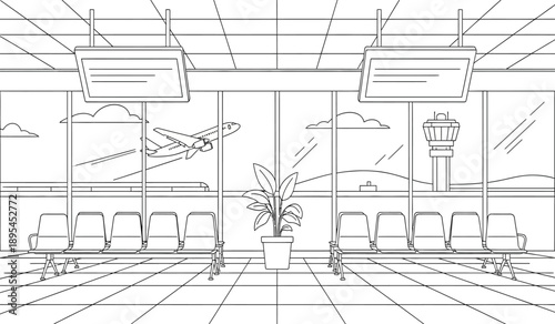 A black and white line drawing of an airport terminal interior with seating area and large windows showing a plane taking off outside