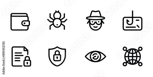 Vector illustration depicts cybersecurity icons including wallet money, malware, and privacy shield