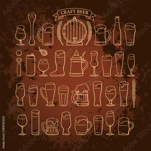 Vintage poster with outline beer glasses and mugs.