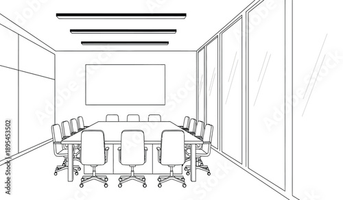 A black and white line drawing of a modern office conference room with a large table and chairs