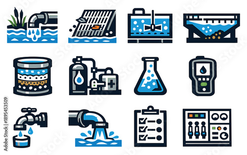 Drinking Water Treatment Services in bold style: raw water intake, screening grate, coagulation tank, sedimentation basin, filtration unit, chlorination system. Vector icons