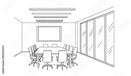 A black and white line drawing of a conference room with a large screen and chairs arranged around a table