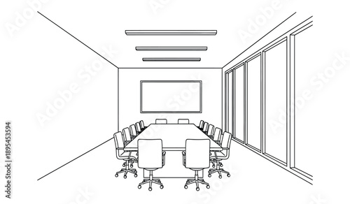A minimalist line drawing of a modern office conference room with a large screen and table surrounded by office chairs