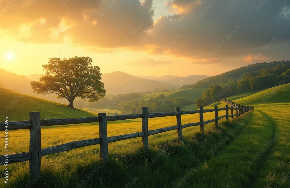 Obraz premium Wooden fence runs through green rolling hills and fields under a golden sunset sky. A large tree stands on a grassy slope near distant mountains.