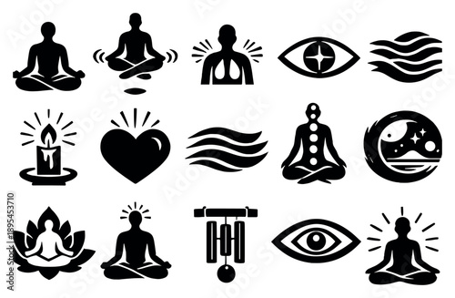 Astral Projection Meditation and Focus in bold style: lotus pose, meditative figure, deep breath symbol, focus eye, breathing waves, zen circle, concentration. Vector icons