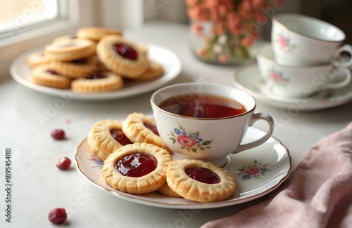 Wallpaper Mural Sweet jam cookies with hot tea served on plate. A delightful breakfast treat with floral cups and soft pink napkin. Morning beverage comfort in a cozy home setting. Enjoy a tasty snack. Torontodigital.ca