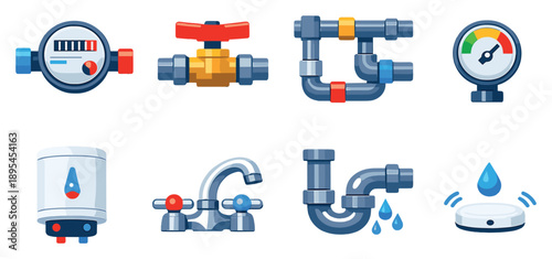 Water supply and plumbing services in flat style: water meter, main valve, pipe network, pressure gauge, water heater, faucet fixture, drainage pipe, leak. Vector icons