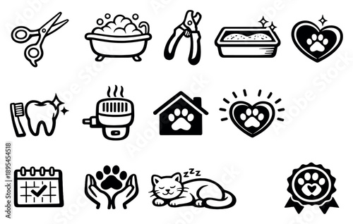 Comfort, Hygiene, and Emotional Wellbeing in outline style: grooming scissors, bath tub, nail trim clipper, clean litter box, dental care brush, calming. Vector icons