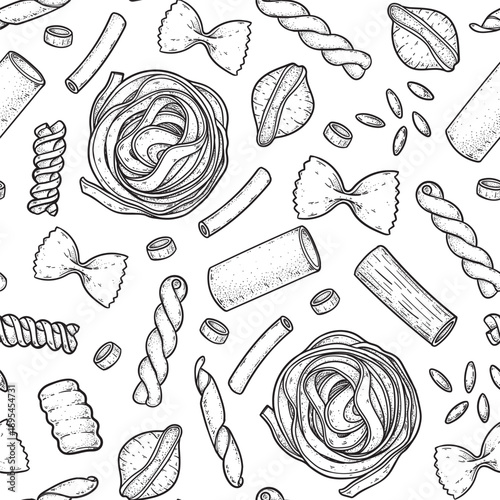 Traditional Italian pasta seamless pattern. Vector drawing. Italian food. Staple food. Hand drawn vector illustration. Design for packaging, menu.