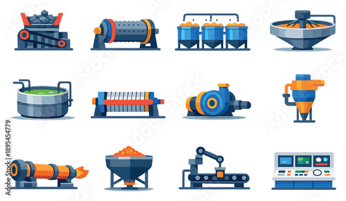 Mineral Processing Operations in flat style: ore crusher, grinding mill, flotation tank, thickener tank, leaching vat, filter press, slurry pump, cyclone. Vector icons