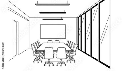 A black and white line drawing of a conference room with a large table and chairs in a modern office setting with glass walls