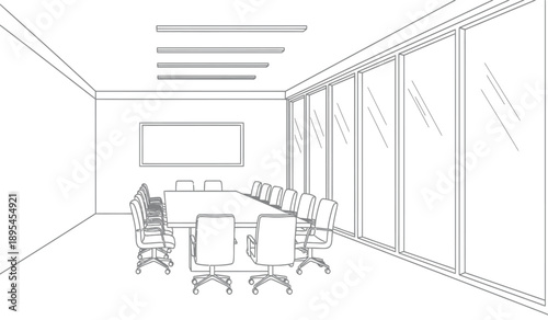 A line drawing of a modern office conference room with a large table and chairs around it