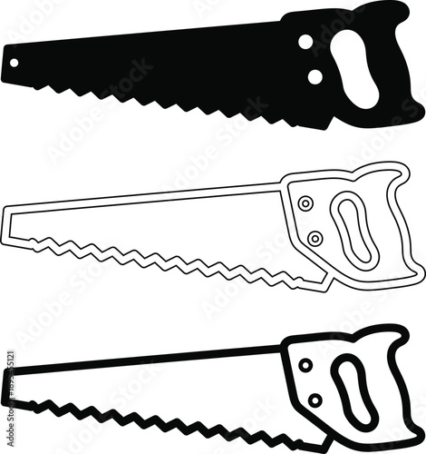 Three different illustrations of handsaws with varying designs and designs