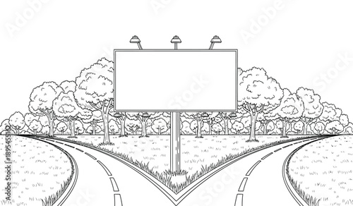 A blank billboard sign standing on a grassy median with trees and railroad tracks