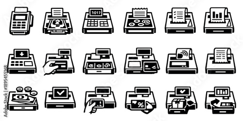 Cash Registers for Transactions in outline style: payment terminal, cash input, total amount display, change calculation, purchase summary, sales report. Vector icons