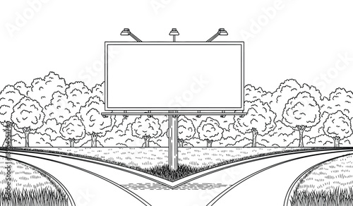 A blank billboard sign standing on a roadside with trees and grass in the background