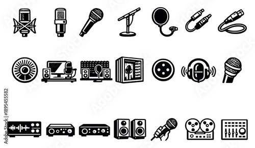 Microphones for Audio Recording in outline style: studio microphone, condenser mic, dynamic mic, microphone stand, pop filter, audio cable, microphone diaphragm. Vector icons