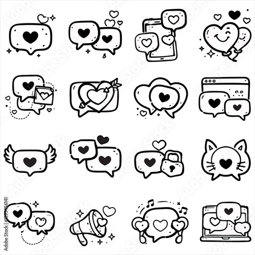 Valentine Love Chat Bubble Icon Set. Romantic Love Chat Icons Collection, Cute Hand Drawn Doodle Vector