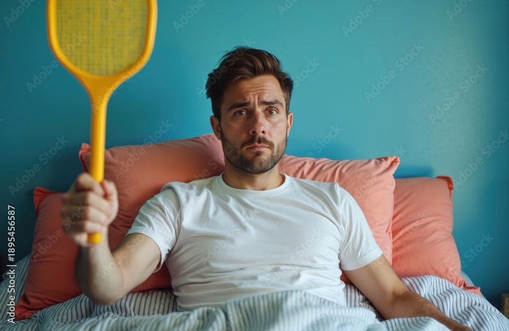 Naklejka premium Man sits in bed holding fly swatter. He looks frustrated and determined to catch annoying insect. Blue wall and orange pillows create bedroom scene.