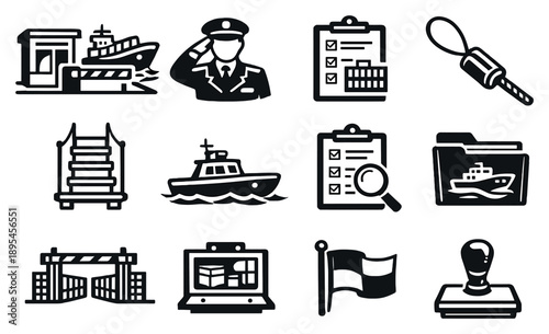 Maritime Customs and Border Control in outline style: port checkpoint, customs officer, cargo manifest, container seal, boarding ladder, patrol boat, inspection. Vector icons