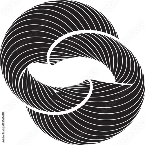 Abstract monochrome design featuring two interlocking torus shapes with white lines on a black background