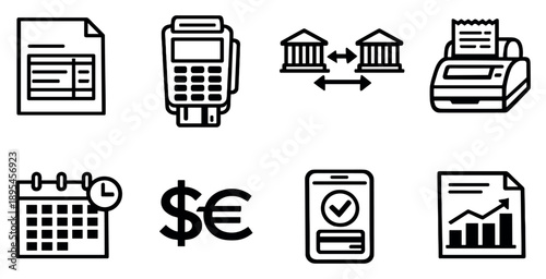 Rent billing and payments in outline style: invoice document, payment terminal, bank transfer icon, receipt printer, due date calendar, currency symbol, payment. Vector icons
