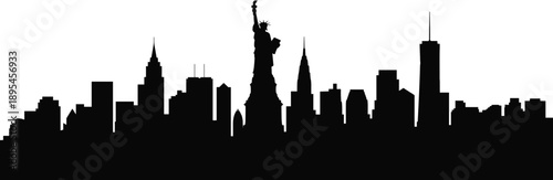 New York City Skyline Silhouette with Statue of Liberty Urban Landmark Panorama Black Cityscape Illustration Isolated on White Background