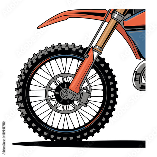 A close-up illustration of a dirt bike's front wheel and suspension