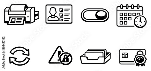 Issuance and lifecycle management in outline style: card personalization printer, user enrollment form, activation toggle, expiration calendar, renewal arrows. Vector icons
