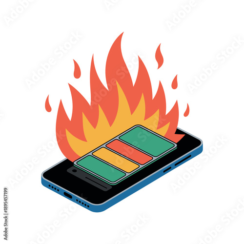 A smartphone with a battery icon on fire, symbolizing overheating and damage.