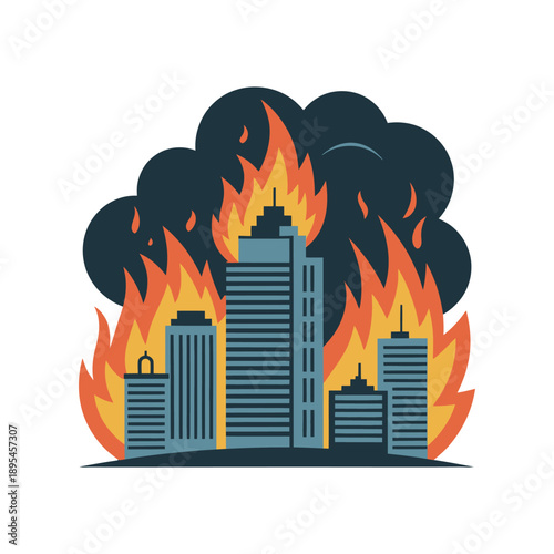 A cityscape engulfed in flames with dark smoke rising into the air