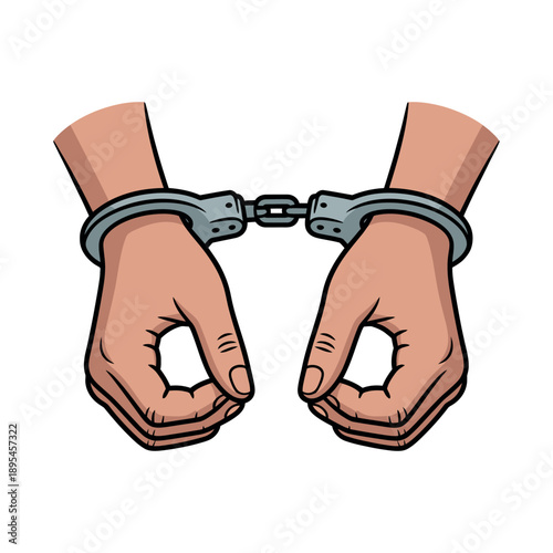 A pair of hands cuffed with metal handcuffs on a white background