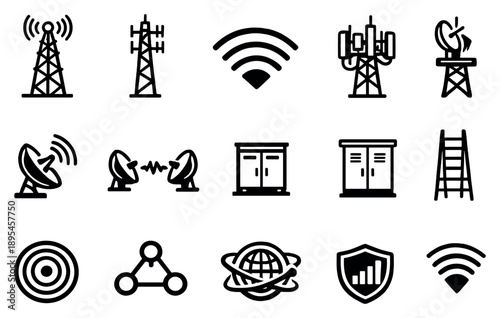 Telecommunication and signal pylons vector icons in outline style: telecom tower, antenna mast, signal waves, cellular transmitter, broadcast dish, microwave. Vector icons
