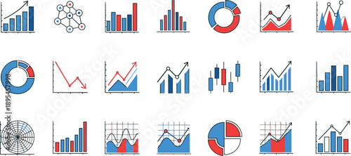 Business analytics and data visualization chart icon set featuring graphs, statistics, performance metrics, financial analysis, reporting dashboards, and growth trend indicators
