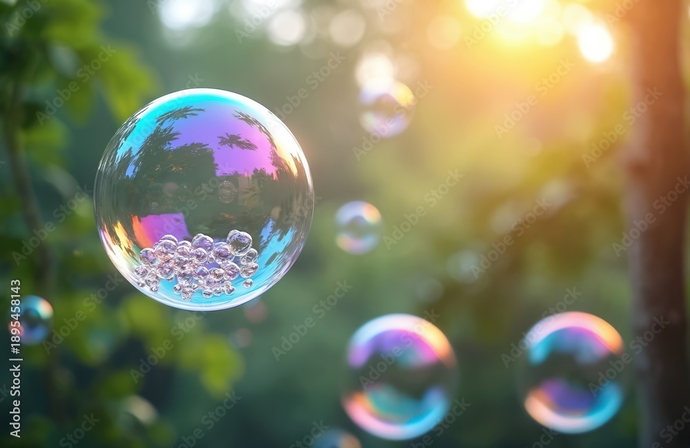 Fototapeta premium Soap bubbles float with rainbow colors in green nature at sunset. Tiny bubbles cluster inside large sphere, reflecting sky and trees. Outdoor summer fun, play, light.