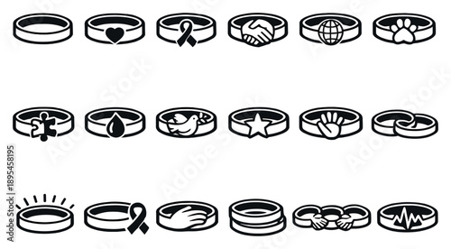 Wristbands for Charity and Awareness in outline style: cause wristband, awareness band, charity fundraiser, fundraising bracelet, donate wristband, campaign. Vector icons