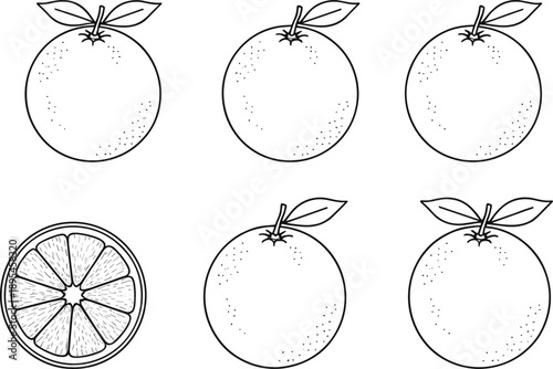 Fresh Orange and Citrus Fruit Vector Icon Set Featuring Whole Fruit with Leaves and Sliced Cross-Sections for Organic Juice Branding, Healthy Food Markets, and Vitamin C Wellness Graphics