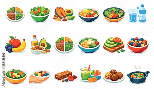 Mindful Eating Healthy Choices in flat style: balanced meal, whole foods, colorful plate, fresh fruit, leafy greens, healthy fats, grains bowl, vegetable dish. Vector icons