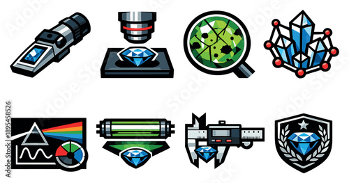Gem identification and analysis in bold style: refractometer, microscope lens, inclusion map, crystal structure, optical properties chart, fluorescence lamp. Vector icons