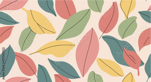 Floral Harmony: a beautiful arrangement of colorful leaves, each uniquely shaped and playfully scattered, creating a lively and refreshing pattern.