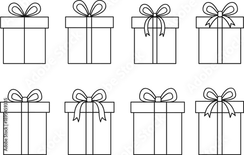 Minimalist Gift Box Vector Icon Set with Ribbons and Bows for Holiday Celebrations, Birthday Surprints, E-commerce Rewards, Anniversary Present Packaging, and Festive Marketing Graphics