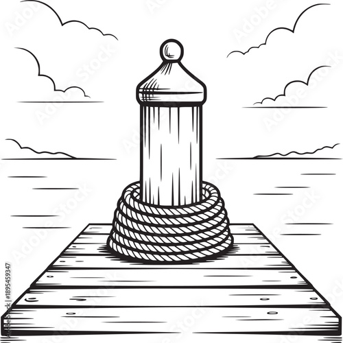 A black and white drawing of a dock with a bollard and rope under a cloudy sky over the water