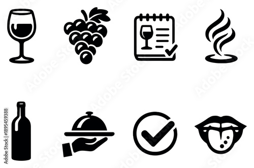 Sommelier role overview in outline style: wine glass, grape cluster, tasting notes card, aroma swirl, bottle silhouette, service tray, approval checkmark. Vector icons