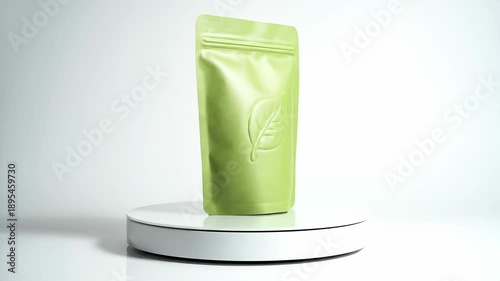 Green Packaging on a White Rotating Platform - Product Presentation.