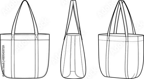 Tote bag technical flat sketch with front, side and perspective views, clean outline vector illustration for handbag design, fashion accessories and product development