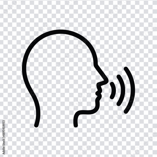 Vector illustration a black line drawing of a human head in profile speaking with sound waves coming out of the mouth on a transparent background