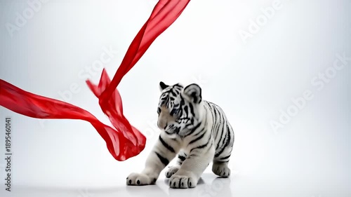 Adorable White Tiger Cub Playing with a Red Ribbon on White Background.