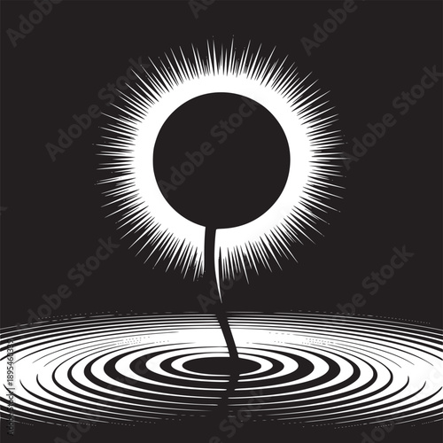 A black and white illustration of a circle with radiating lines above concentric water ripples design