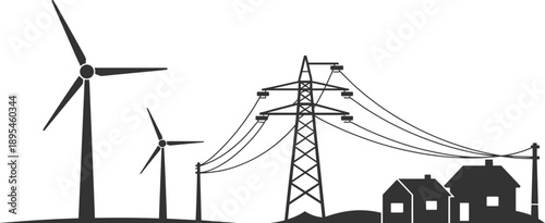 Wind energy and electricity transmission silhouette featuring wind turbines, power lines and residential houses, sustainable renewable energy infrastructure vector illustration 